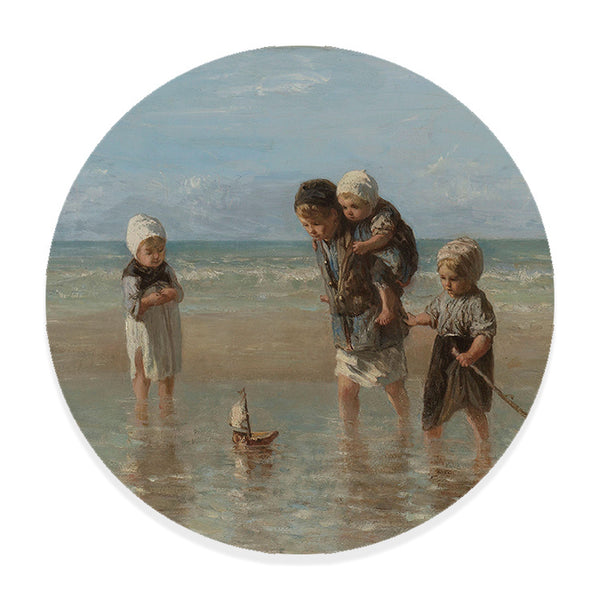 Wandcirkel Kinderen der Zee van Jozef Israëls – Ronde wanddecoratie op dibond van Myphotoflow met een klassiek Hollands meesterwerk van visserskinderen op het strand."