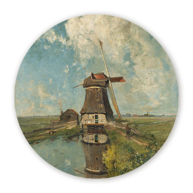 Muurcirkel met een Hollandse windmolen aan het water in een polderlandschap