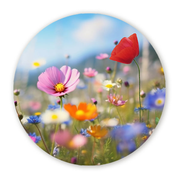 Muurcirkel met kleurrijke wilde bloemen in een zonnig bloemenveld