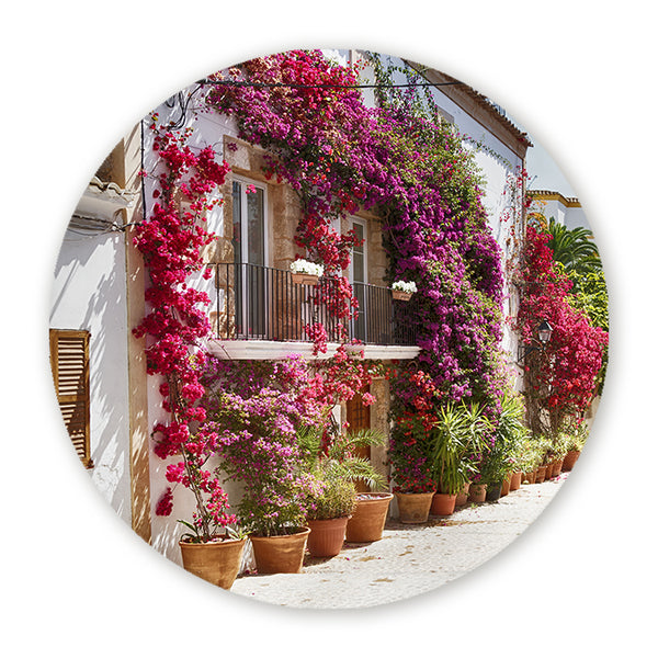 Muurcirkel met kleurrijke bougainvillea aan een mediterrane gevel