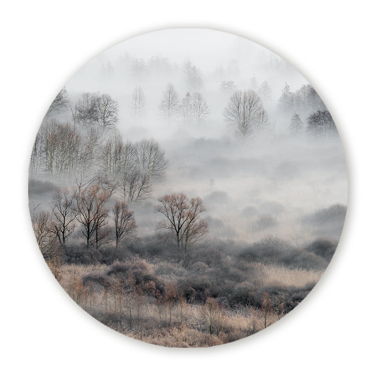 Muurcirkel met een mistig landschap en kale bomen in zachte grijstinten