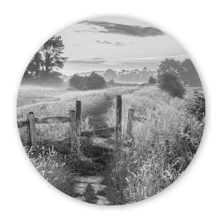 Muurcirkel met zwart-wit landschap, houten bruggetje, hoge grassen en zachte ochtendmist