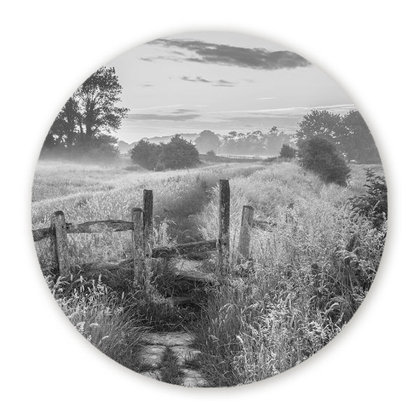 Muurcirkel met zwart-wit landschap, houten bruggetje, hoge grassen en zachte ochtendmist