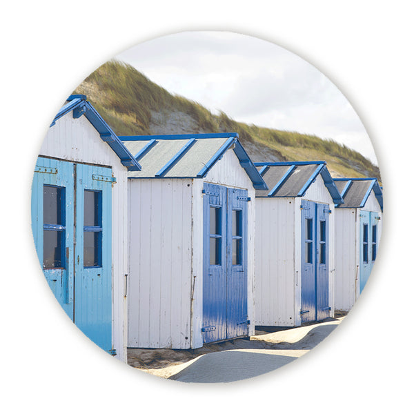 Muurcirkel met blauw-witte strandhuisjes in de duinen