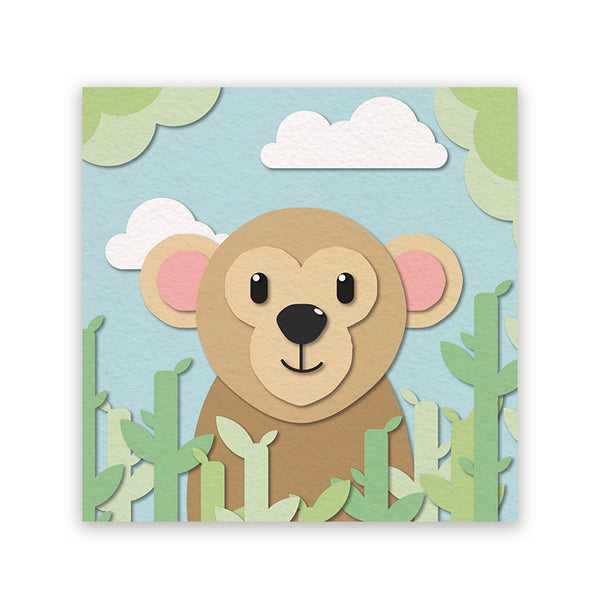 Vierkant schilderij met vrolijke aap tussen groene jungleplanten en wolken