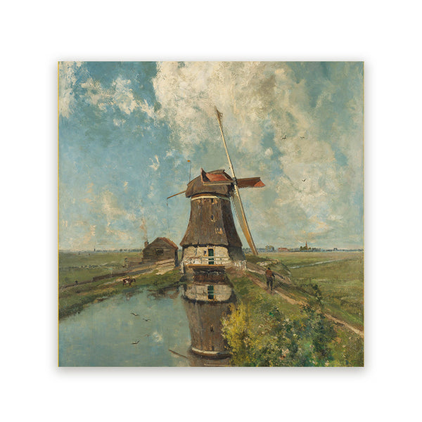 Vierkant schilderij met een Hollandse windmolen aan het water in een polderlandschap