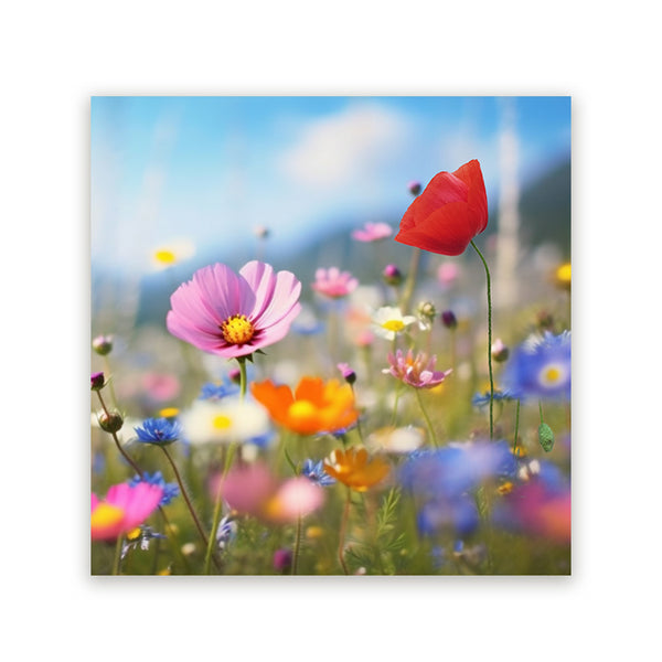 Vierkant schilderij met kleurrijke wilde bloemen in een zonnig bloemenveld