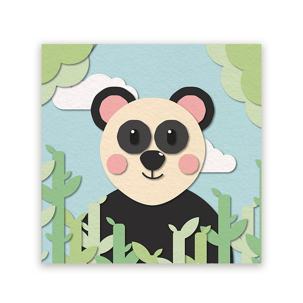 Vierkant schilderij met een schattige panda tussen groene jungleplanten en wolken