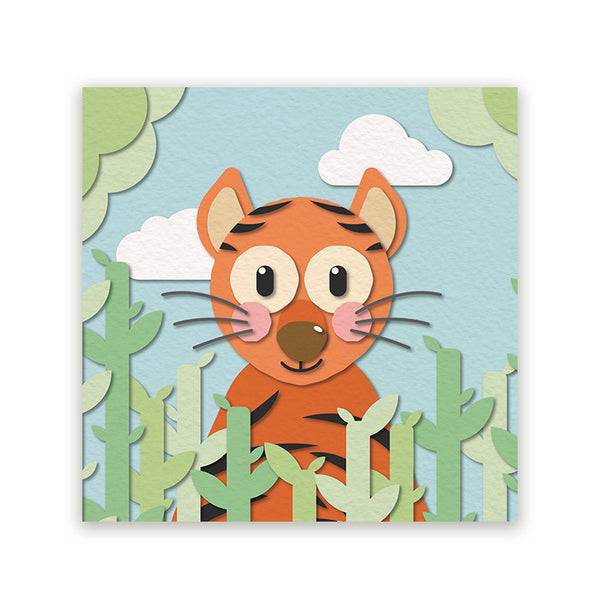 Vierkant schilderij met een schattige tijger tussen groene jungleplanten en wolken