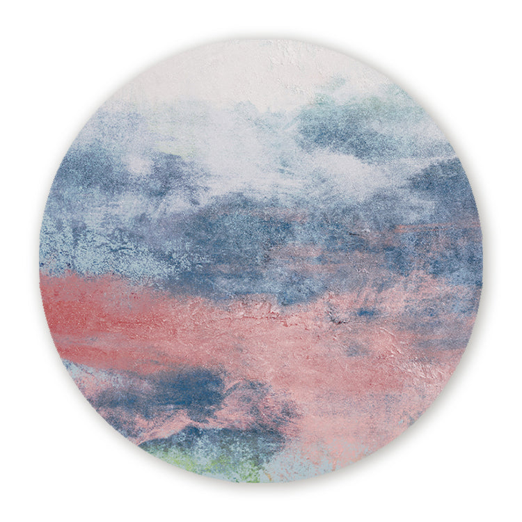 Muurcirkel met abstract schilderachtig patroon in blauw, roze en wit met zachte pastelkleuren