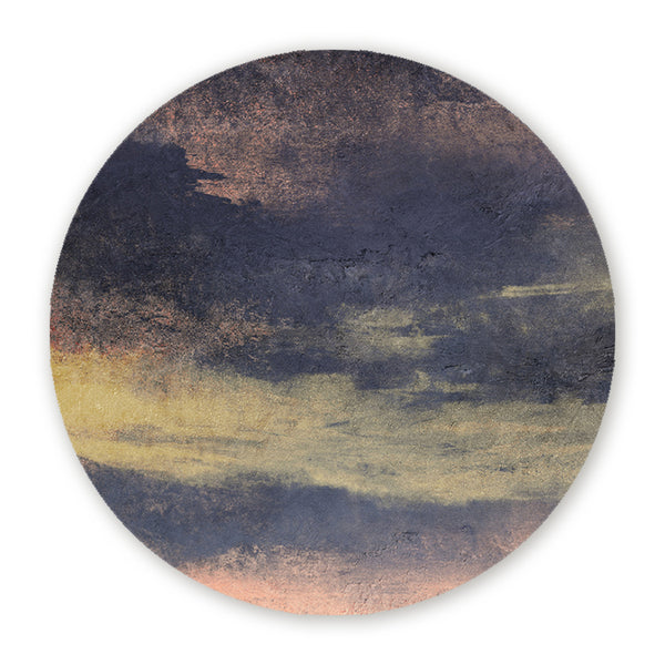 Muurcirkel met abstract schilderachtig patroon in donkerblauw, goud, beige en zachte aardetinten