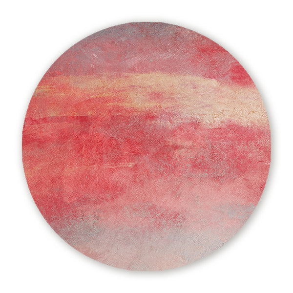 Muurcirkel met abstract schilderachtig patroon in koraalroze, beige, rood en zachte pasteltinten