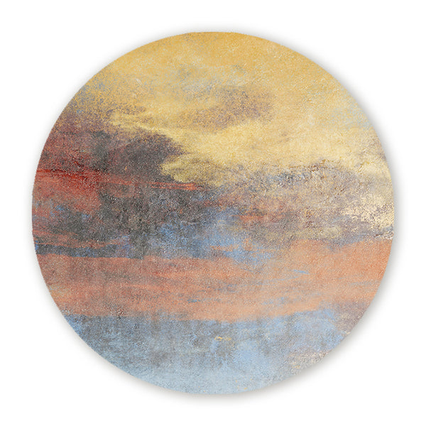 Muurcirkel met abstracte vormen en texturen in okergeel, blauw, terracotta en grijs