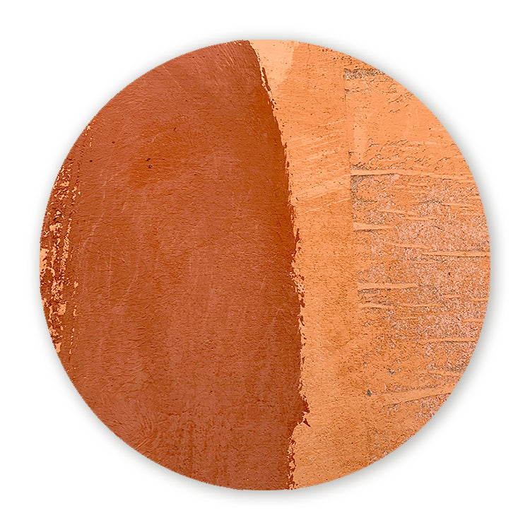 Muurcirkel met abstracte vormen en structuur in terracotta en roestoranje tinten