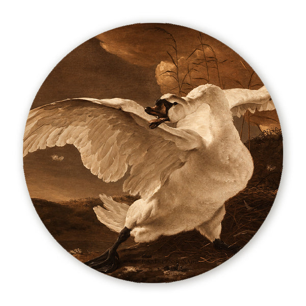 Muurcirkel De Bedreigde Zwaan in sepiatinten met een witte zwaan met gespreide vleugels in een klassiek schilderij Sepia