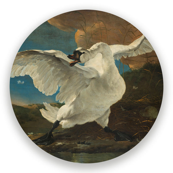 Muurcirkel met een witte zwaan met gespreide vleugels in een klassiek schilderij