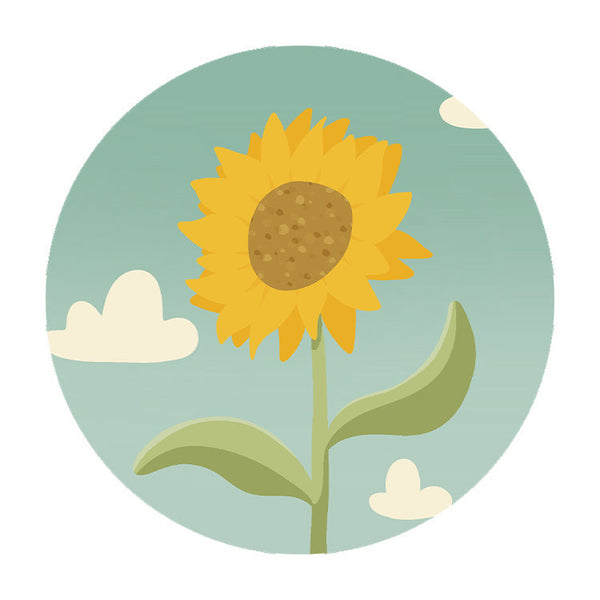 Muurcirkel met een vrolijke illustratie van een zonnebloem tegen een lichtblauwe lucht