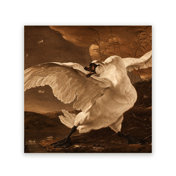 Schilderij van een witte zwaan met gespreide vleugels in een klassiek landschap Sepia