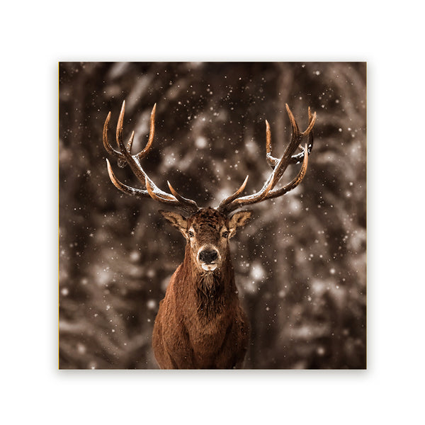 Vierkant Schilderij met een edelhert met groot gewei in een besneeuwd winterlandschap